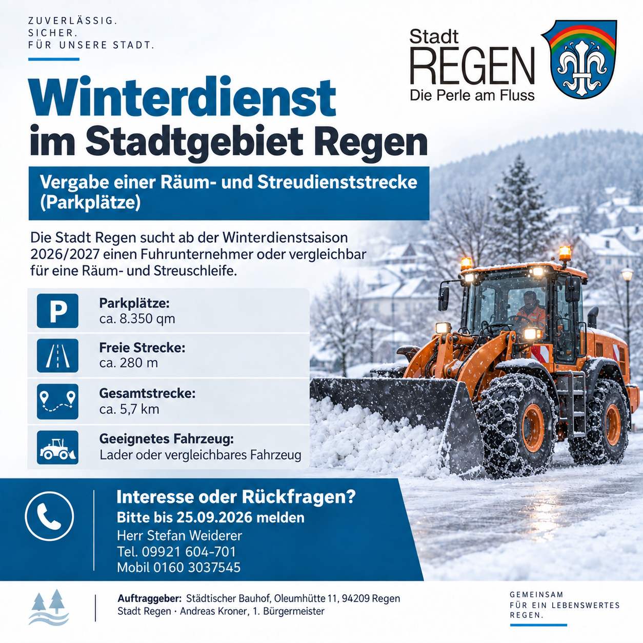 Winterdienst gesucht für das Stadtgebiet Regen Saison 2026/2027