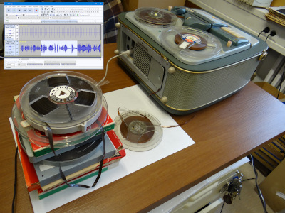 Ein altes Röhren-Tonbandabspielgerät wird zur Digitialisierung am PC genutzt und ermöglicht die Umwandlung z.B. in WAV- oder MP3-Dateien.