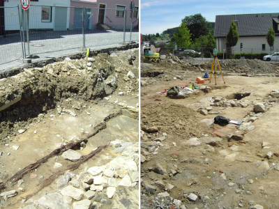 Bilder vom Gelände der Ausgrabung mit Fundament- und Wandresten früherer Gebäude.